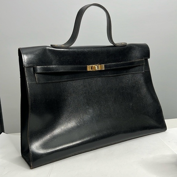 Vintage Large Black Leather Sellier Style Handbag Made in France - Picture 2 of 14